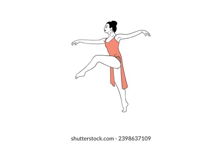 Young ballerina in dancing isolated on white background - vector illustration of beautiful female character performing classical ballet dance in flat style.
