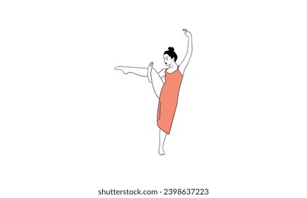 Young ballerina in dancing isolated on white background - vector illustration of beautiful female character performing classical ballet dance in flat style.