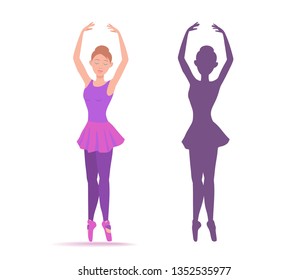 Young ballerina dancing on toe in a purple dress. Set of woman dancer and her silhouette on a white background. Vector illustration EPS-8.