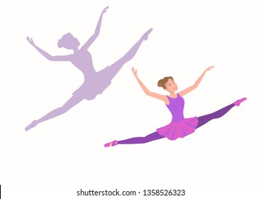 Young ballerina flying high and far with enjoyment in the face. Set of woman dancer and her silhouette on a white background. Vector illustration EPS-8.