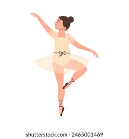 Young ballerina in pose. Vector illustration of a child dancer in a tutu and ballet shoes, practicing a dance move