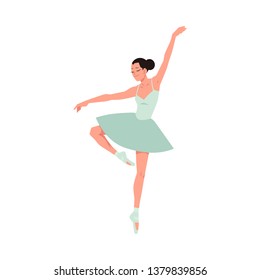 Young ballerina in tutu and pointe shoes dancing isolated on white background. Vector illustration of beautiful female character performing classical ballet dance in flat style.