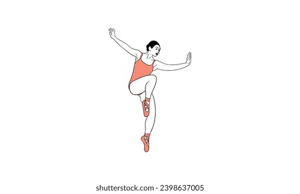 Young ballerina in tutu and pointe shoes dancing isolated on white background - vector illustration of beautiful female character performing classical ballet dance in flat style.