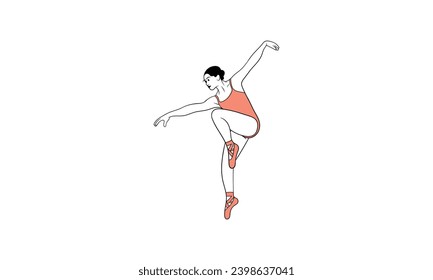 Young ballerina in tutu and pointe shoes dancing isolated on white background - vector illustration of beautiful female character performing classical ballet dance in flat style.