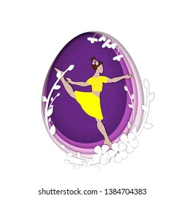 A young ballerina in yellow dress dancing in the imaginary forest. Vector illustration. Papercut art. Children book illustration. Pink and purple background.
