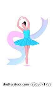 Joven bailarina de ballet parada en posición de diseño plano sobre fondo blanco. Ilustración vectorial de bailarinas en vestidos especiales de baile