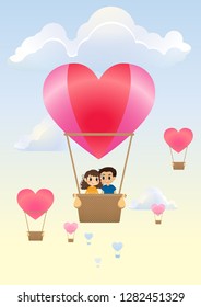 Young in a balloon of love over grassland,balloon in the air