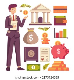 Young Banking and finance professional man with object element about financial, money, safe, credit card, saving, gold and business growth graph in cartoon character, vector illustration