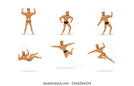 Young Bare-bossomed Man with Beard Practicing Mixed Martial Arts Vector Set