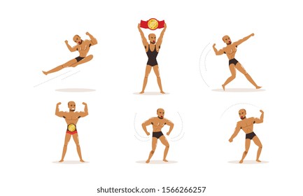 Young Bare-bossomed Man with Beard Practicing Mixed Martial Arts Vector Set