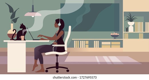 A young barefoot brunette with headphones sits at a table and works on a laptop. And also a black cat and a cup of coffee. Flat design vector illustration.