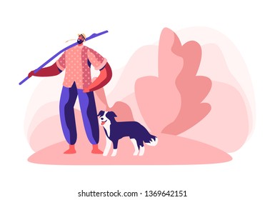 Young Barefoot Man in Chaff Hat Stand with Long Stick on Shoulder and Straw in Mouth with Dog near his Leg. Shepherd Male Character. Villager, Farmer Walking Outdoors. Cartoon Flat Vector Illustration