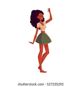 Young barefooted african american woman dancing, cartoon style vector illustration isolated on white background. Young and beautiful black woman, teenager, girl dancing at a party in skirt and t-shirt