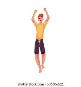 Young barefooted man dancing, cartoon style vector illustration isolated on white background. Young and red man, teenager, boy dancing at a party in skirt and t-shirt