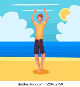 Young barefooted red man dancing on the beach, cartoon vector illustration. Beautiful  boy with long blond hair on a wonderful sunny day