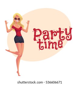 Young barefooted woman in sun glassses dancing, cartoon style invitation. Party invitation, advertisement,Young and beautiful blond woman, teenager, girl dancing at a party in skirt and t-shirt