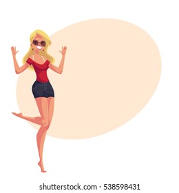 Young barefooted woman in sun glassses dancing, cartoon style vector illustration isolated on yellow background. Young and beautiful blond woman, teenager, girl dancing at a party in skirt and t-shirt