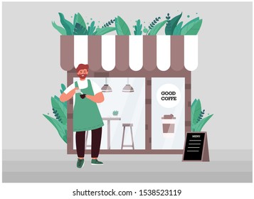 Young barista with a beard in an apron, the owner of a small business coffee shop makes coffee near the cafe window in eco design, next to the menu desk and plants. Business vector illustration.