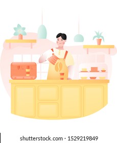 young barista makes coffee
vector illustration