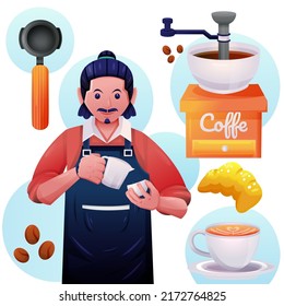 Young barista man holding coffee pot and professional equipment for coffee shop in cartoon character, vector illustration