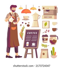 Young barista man holding coffee pot and professional equipment for coffee shop in cartoon character, vector illustration