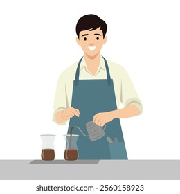 Young Barista man making coffee. Flat vector illustration isolated on white background