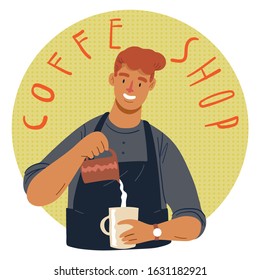 Young barista man. Vector illustration in pencil style. sketch of a man in a coffee bar. Coffee concept