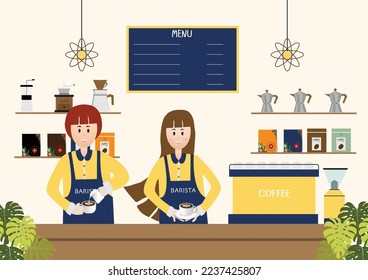 Young barista man and woman making coffee in a cafe vector Illustration,coffee shop.