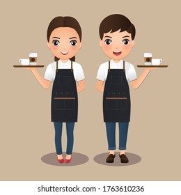 Young barista women and man in apron smiling holding coffee cup serving a client at the coffee shop.Cute cartoon character vector Illustration