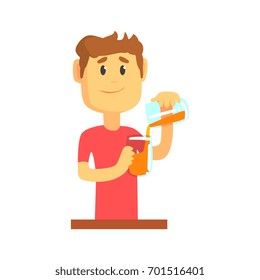 Young bartender man character standing at the bar counter pouring alcoholic beverage, barman at work cartoon vector Illustration