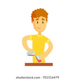 Young bartender man character standing at the bar counter, barman at work cartoon vector Illustration
