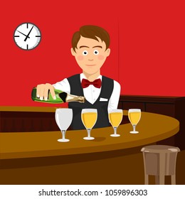 Young bartender pours champagne in a wineglass in bar