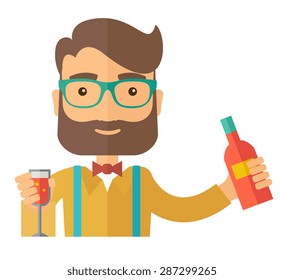 A young bartender preparing a mixed drinks at a bar, several bottles of alcohol and wine glass behind him. A Contemporary style. Vector flat design illustration isolated white background. Square