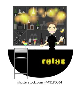 A young bartender preparing a mixed drinks at a bar, several bottles of alcohol and wine glass behind him. A Contemporary style. Vector flat design illustration isolated white background. Square