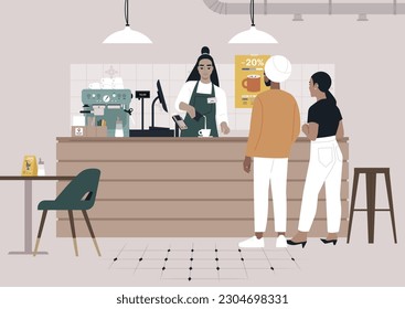 A young bartender serving coffee to a couple at the coffeeshop counter, morning rituals and modern lifestyle