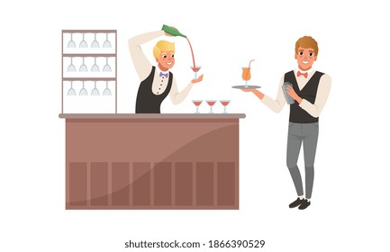Junge Bartender, die bei der Bar Counter Pouring Wein in Glas Vektor Illustration Set stehen
