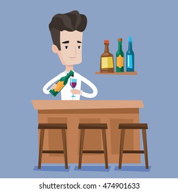 Young bartender standing at the bar counter. Bartender with a bottle and a glass in hands. Bartender at work. Barman pouring wine in a glass. Vector flat design illustration. Square layout.