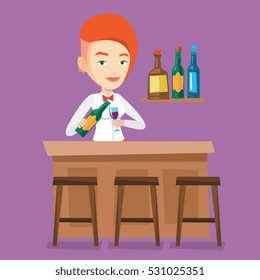 Un joven camarero en el mostrador del bar. Barman con frasco y vidrio en las manos. Bierman vertiendo vino en un vaso. Ilustración de diseño plana vectorial. Diseño cuadrado.