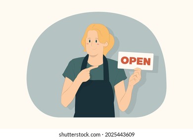 Young bartender woman pointing index finger on sign with OPEN title concept