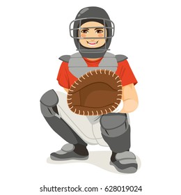 Young Baseball Catcher Player On Crouching Stock Vector (Royalty Free ...