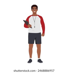 Young baseball coach with a whistle around his neck and a clipboard. Flat vector illustration isolated on white background