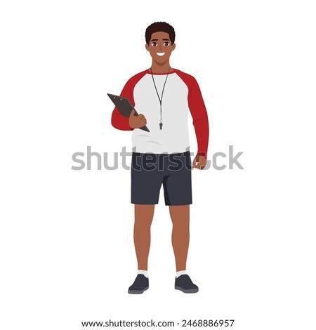Young baseball coach with a whistle around his neck and a clipboard. Flat vector illustration isolated on white background