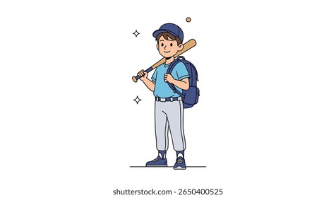 Young baseball player with bat and backpack ready for game day practice sports