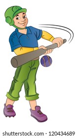 Young Baseball Player Hitting a Ball, vector illustration
