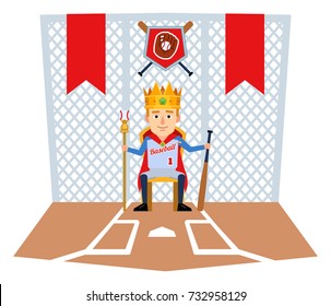 Young baseball player sits on throne and wears crown. King of baseball. Flat style vector illustration