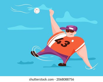 Young baseball player vector cartoon character design. Catcher in uniform and sunglasses waiting for ball. Active lifestyle, hobby, sport concept.