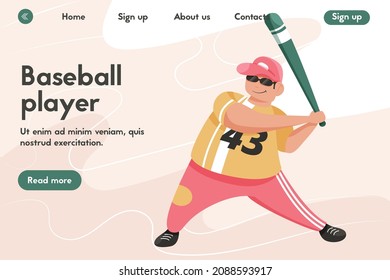 Young baseball player vector cartoon landing page design. Catcher in uniform and sunglasses waiting for ball. Active lifestyle, hobby, sport concept.