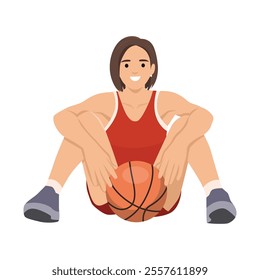 Young basketball girl sitting with a ball. Flat vector illustration isolated on white background