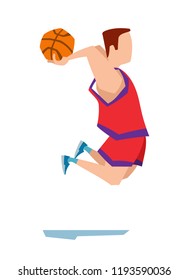 A young basketball player jumps with the ball in his hands. Vector illustration of a player in red uniform.