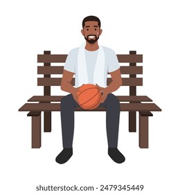 Young basketball player sitting on bench with towel around his neck. Flat vector illustration isolated on white background